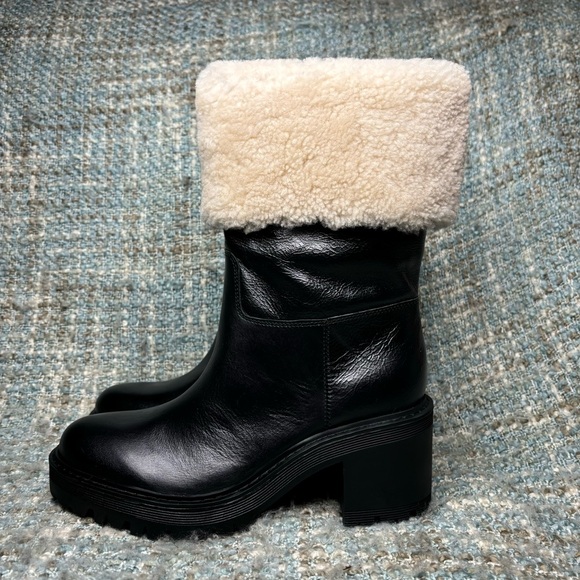 NWOB - Marc Fisher LTD Willoe Shearling Cuff Heeled Boots in Black Leather - Picture 2 of 9